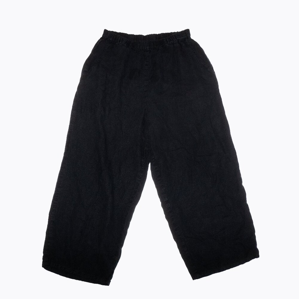 FLAX Black Linen Wide Leg Pants Pockets Pull On Relaxed